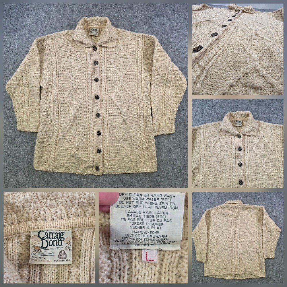 Carraig Donn Sweater Womens Large White Wool Cable Knit Cardiganโ Aran Ireland